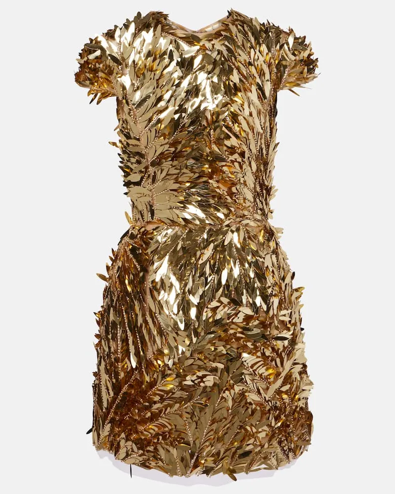 Oscar de la Renta Verziertes Minikleid aus Mesh mit Pailletten Gold