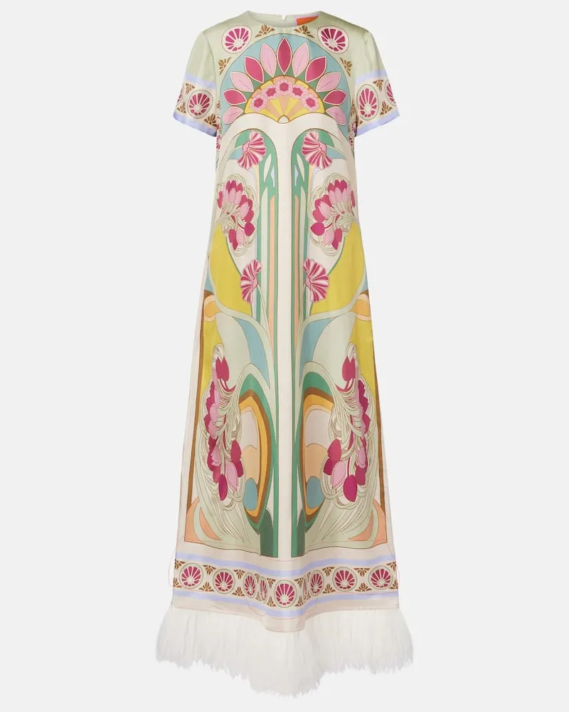 La DoubleJ Maxikleid Swing aus Seiden-Twill mit Federn Multicolor