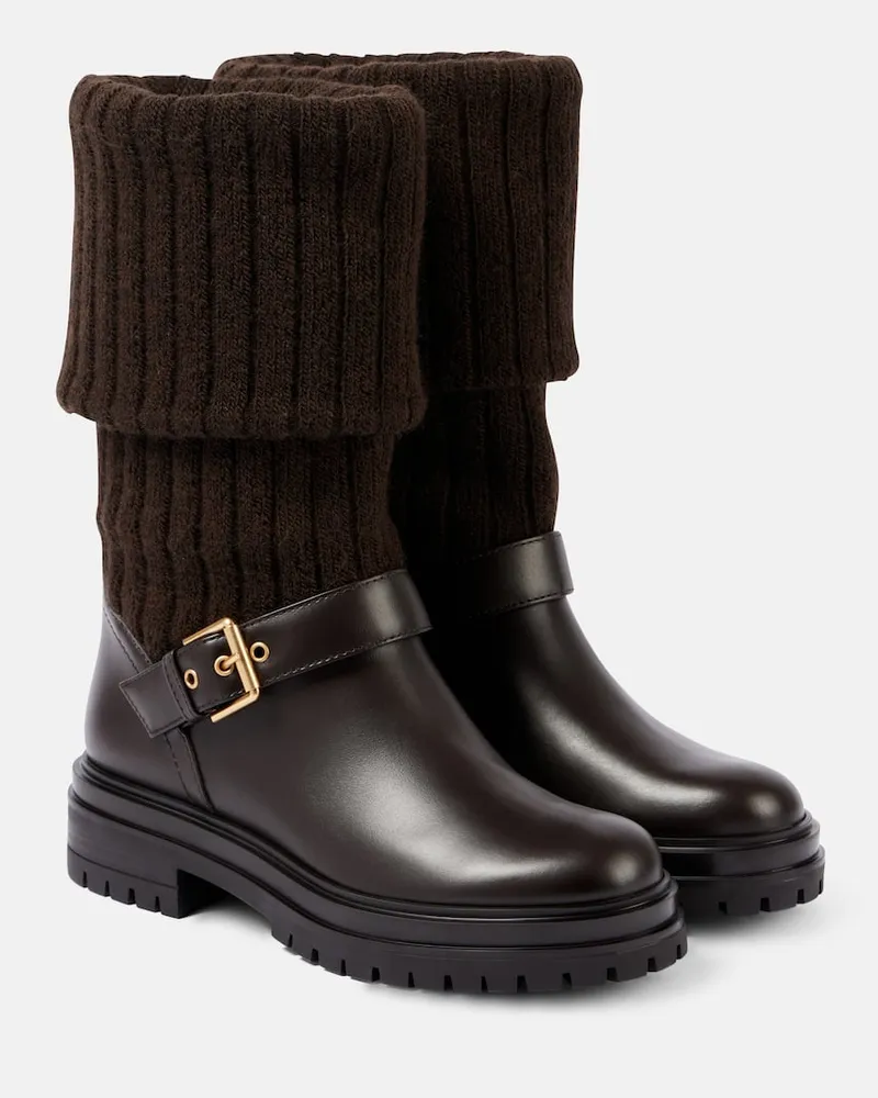 Gianvito Rossi Bikerstiefel Thurso aus Leder mit Strick Braun