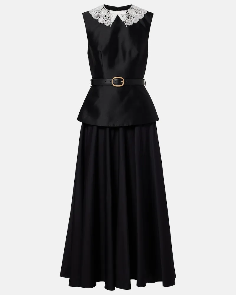Self-Portrait Midikleid aus Taft mit Guipure-Spitze Schwarz