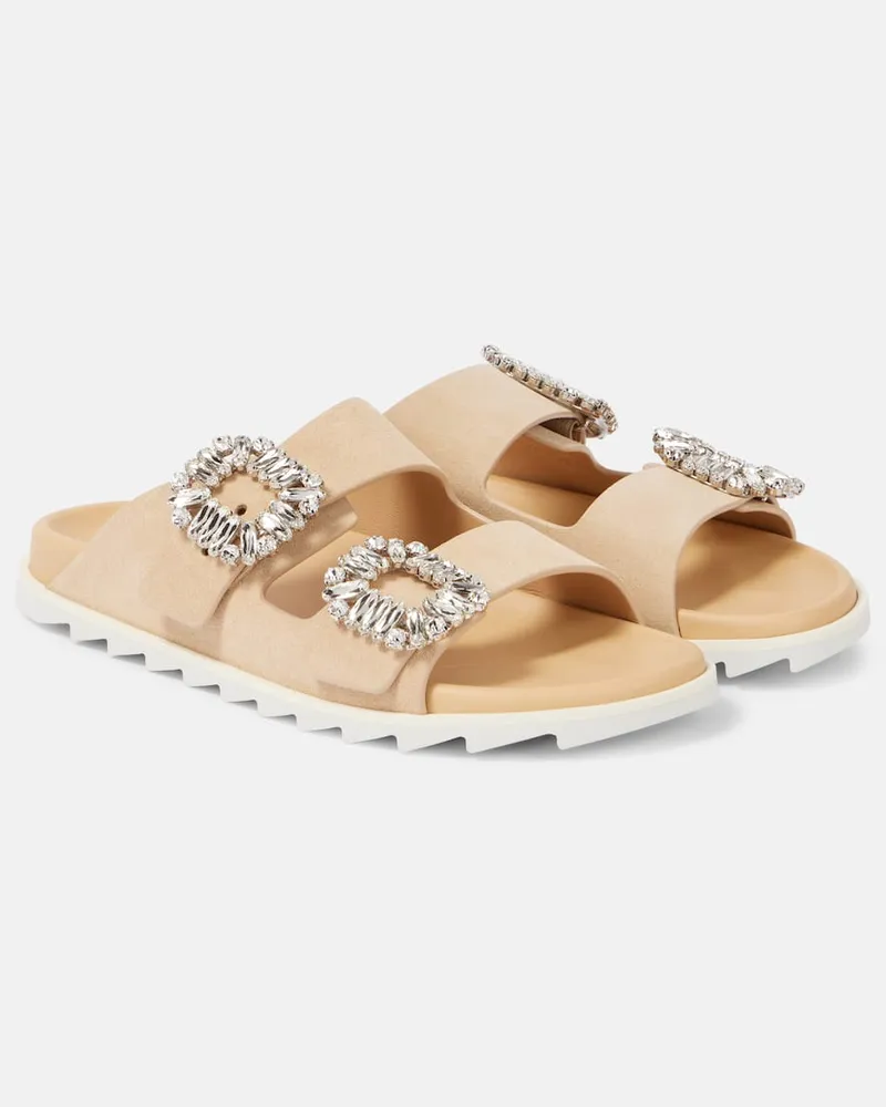 Roger Vivier Verzierte Sandalen Slidy Viv' aus Veloursleder Beige