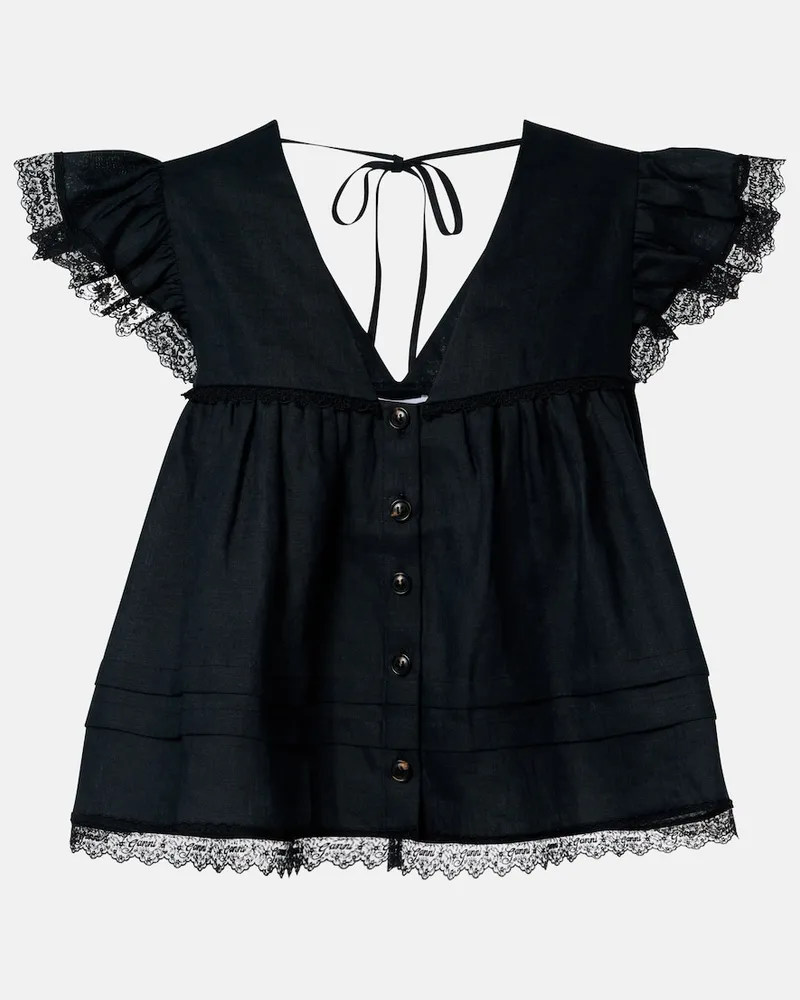 Ganni Top aus Leinen mit Spitze Schwarz