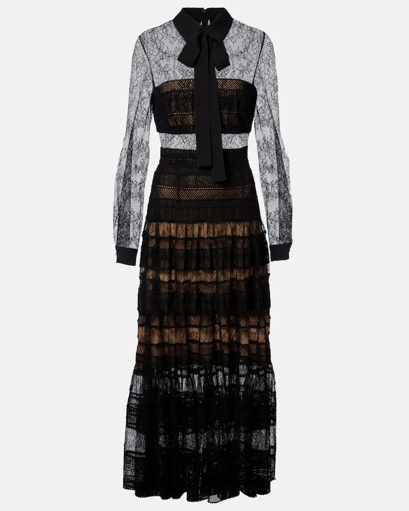 Elie Saab Midikleid aus Spitze und Makramee Schwarz