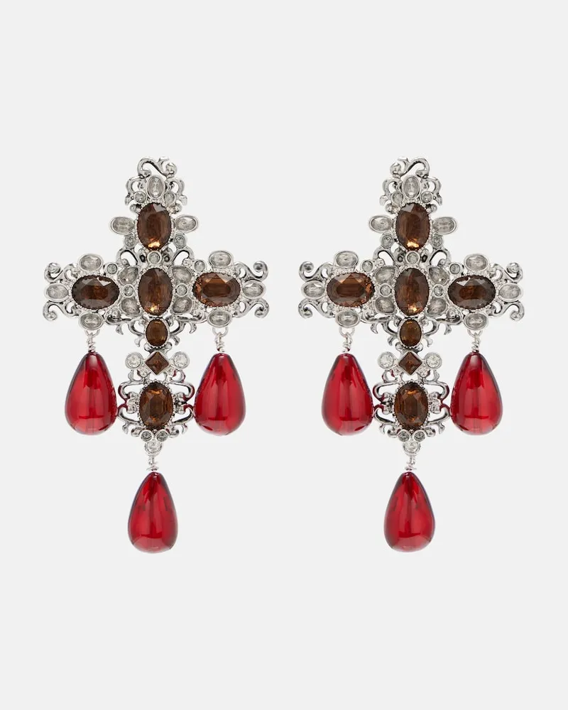 Saint Laurent Clip-Ohrringe Cross mit Kristallen Rot