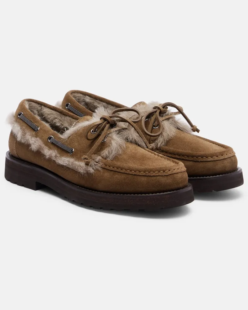Brunello Cucinelli Segelschuhe aus Veloursleder mit Shearling Braun