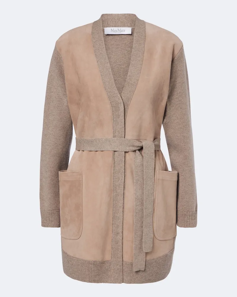 Max Mara Cardigan aus Strick mit Veloursleder Beige