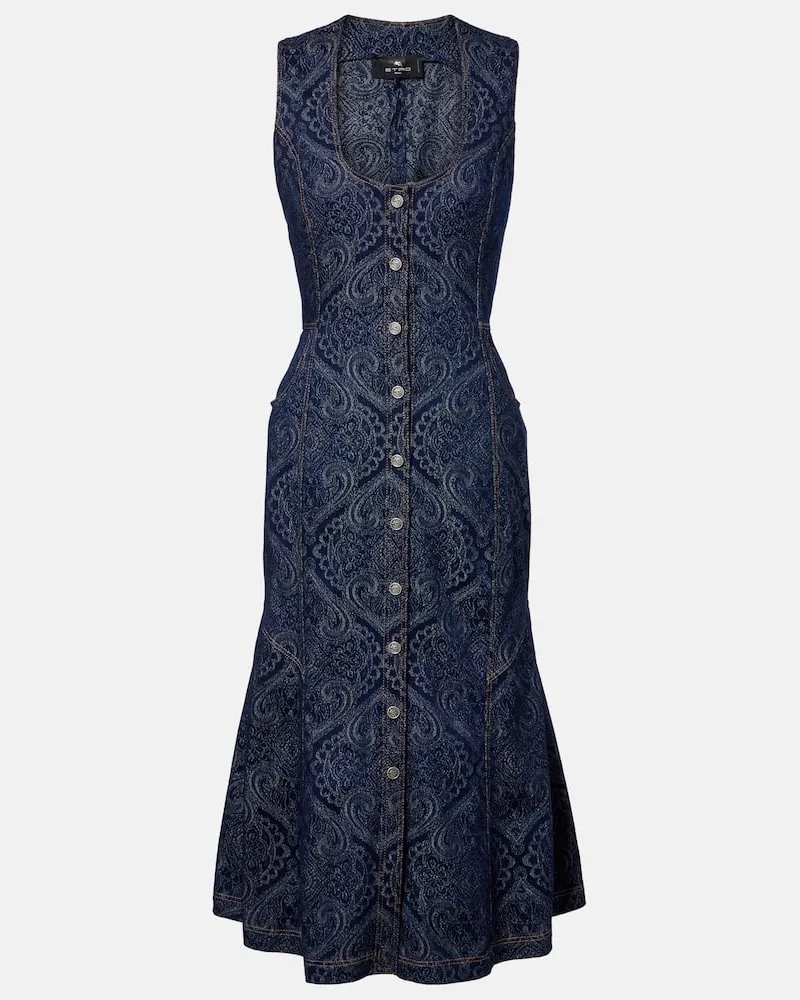 Etro Bedrucktes Midikleid aus Denim Blau