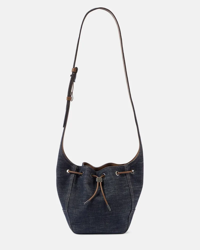 Brunello Cucinelli Bucket Bag Foulard Small aus Denim Blau