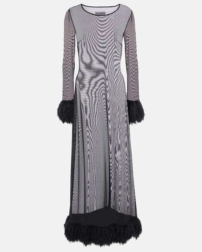 Marine Serre Maxikleid aus Mesh mit Zierfedern Schwarz