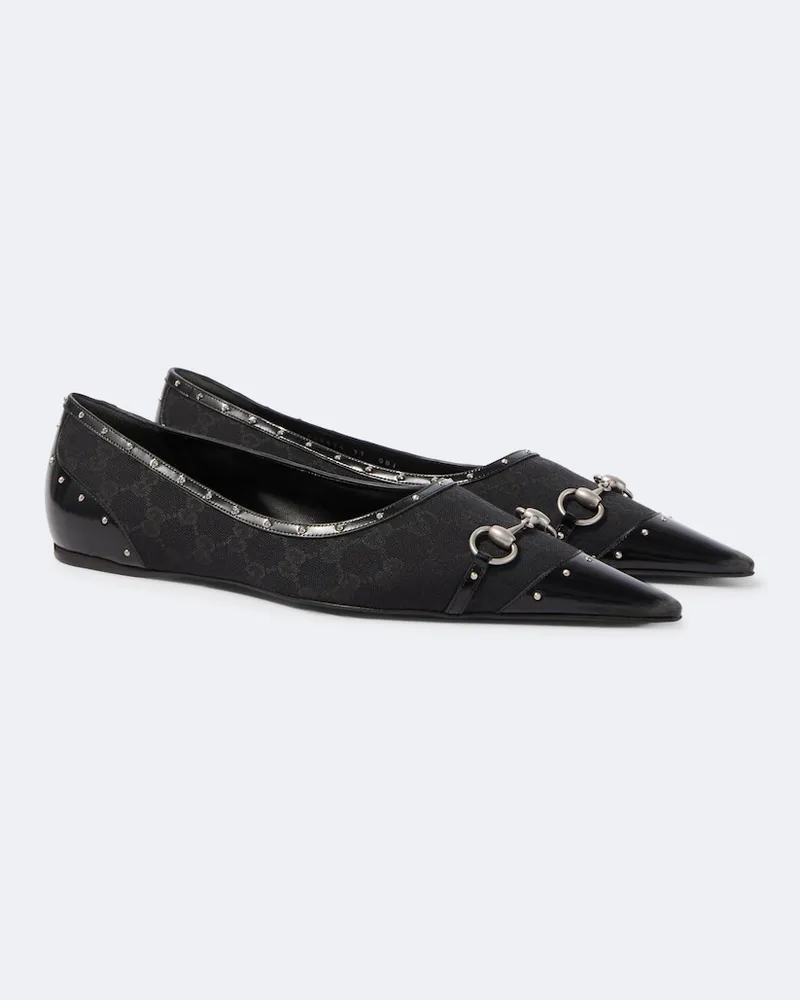 Gucci Verzierte Ballerinas Horsebit GG aus Canvas Schwarz