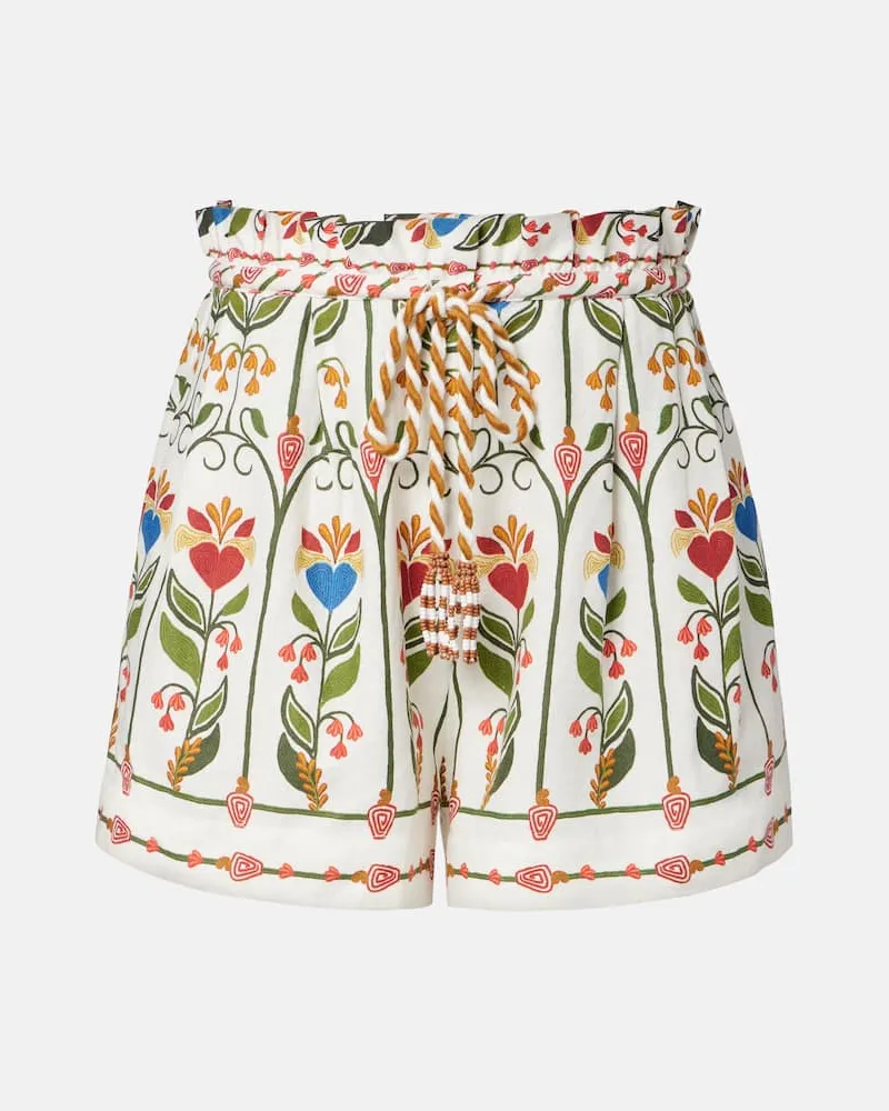 FARM Rio Bestickte Shorts aus Leinen und Baumwolle Weiß