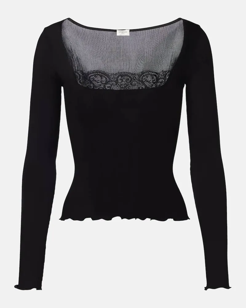 Saint Laurent Top aus Seide mit Spitze Schwarz