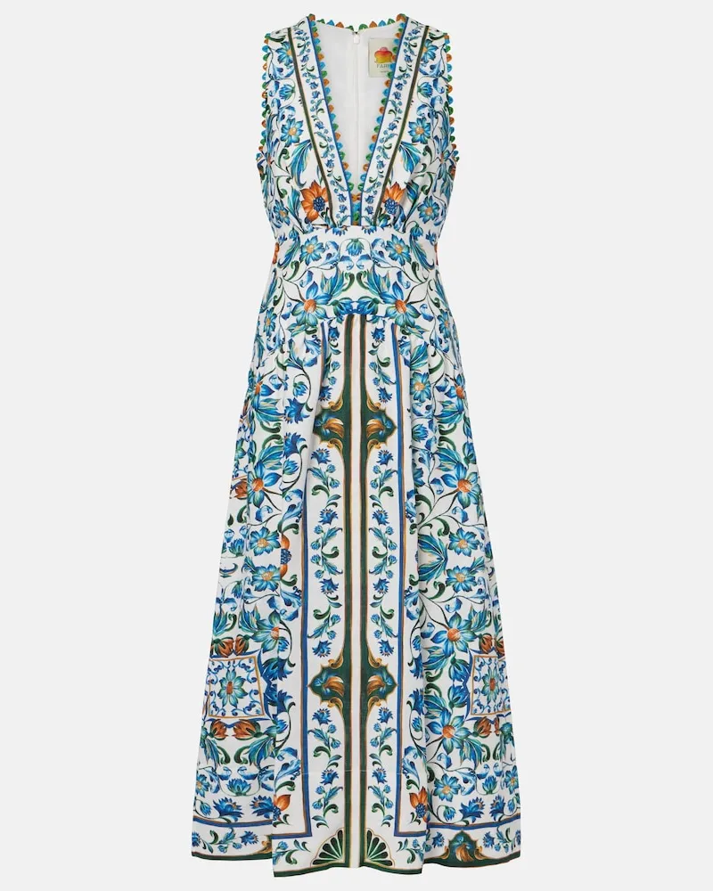 FARM Rio Midikleid Flora Tile aus Leinen Weiß