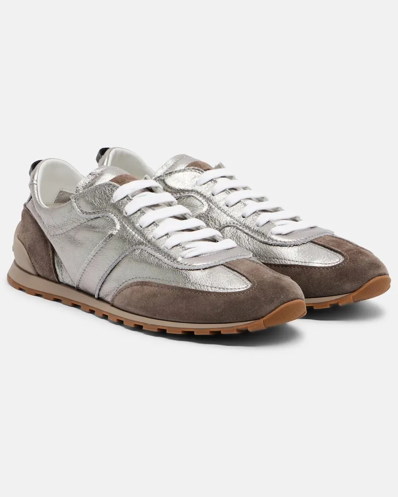 Brunello Cucinelli Sneakers Monili aus Metallic-Leder Silber