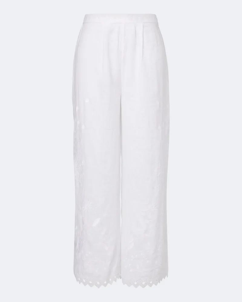 Eres Bestickte Hose Albatre aus Leinen Weiß