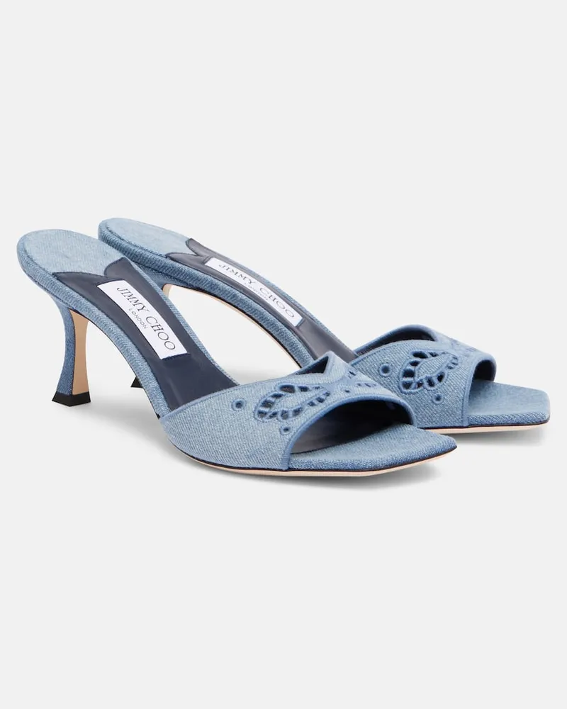 Jimmy Choo Bestickte Pantoletten Skye 70 aus Denim Blau
