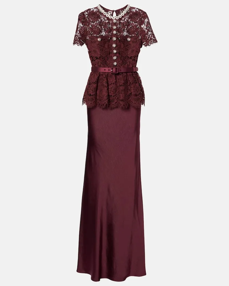 Self-Portrait Verziertes Maxikleid aus Spitze und Satin Burgund