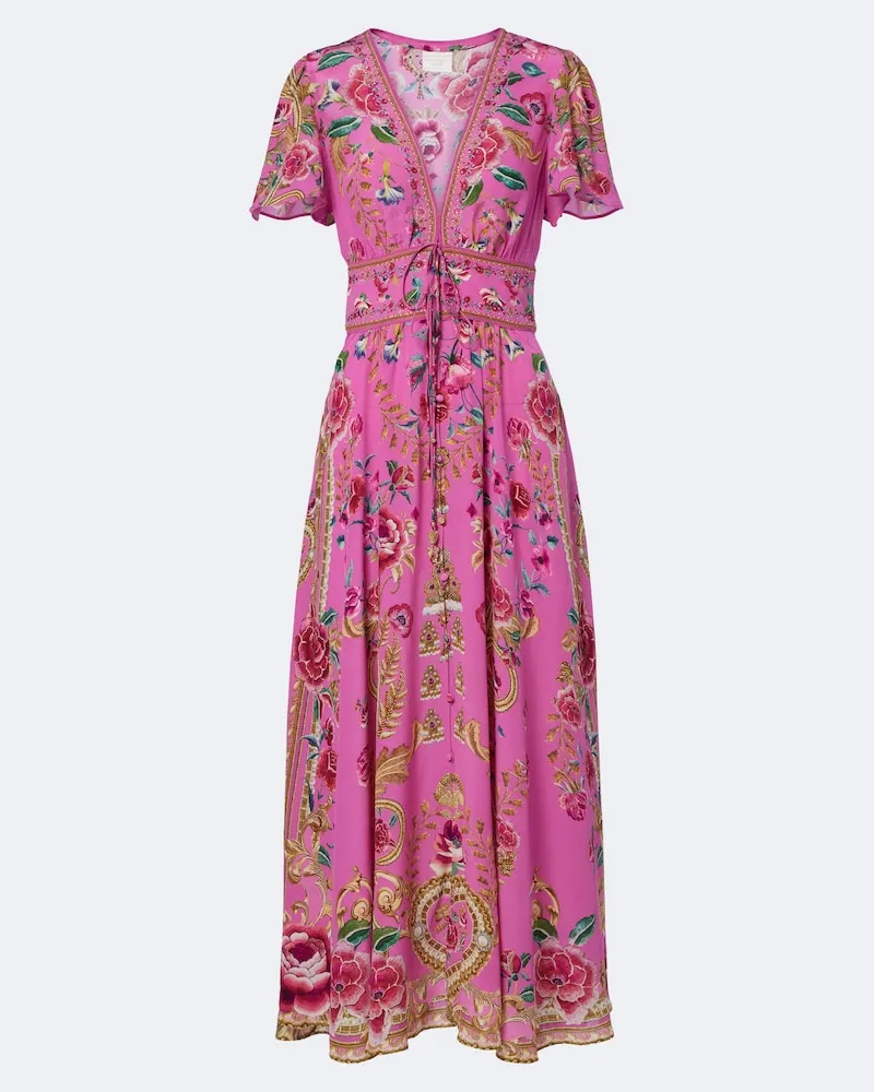 Camilla Verziertes Midikleid aus Seide Rosa