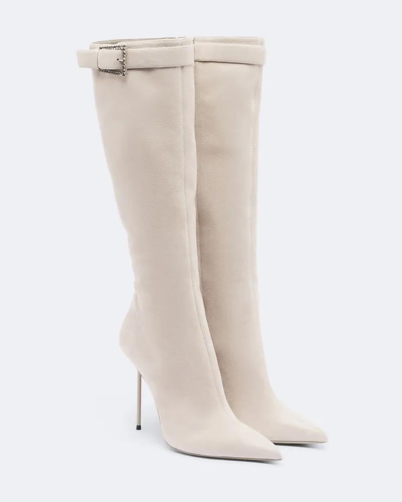 Paris Texas Verizerte Stiefel Lidia Buckle aus Veloursleder Beige