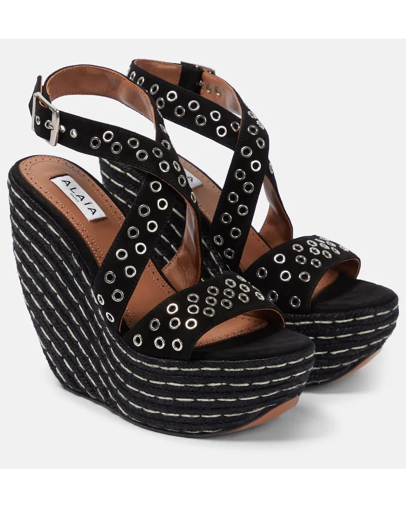 Alaïa Alaia Verzierte Wedge-Sandalen aus Veloursleder Schwarz