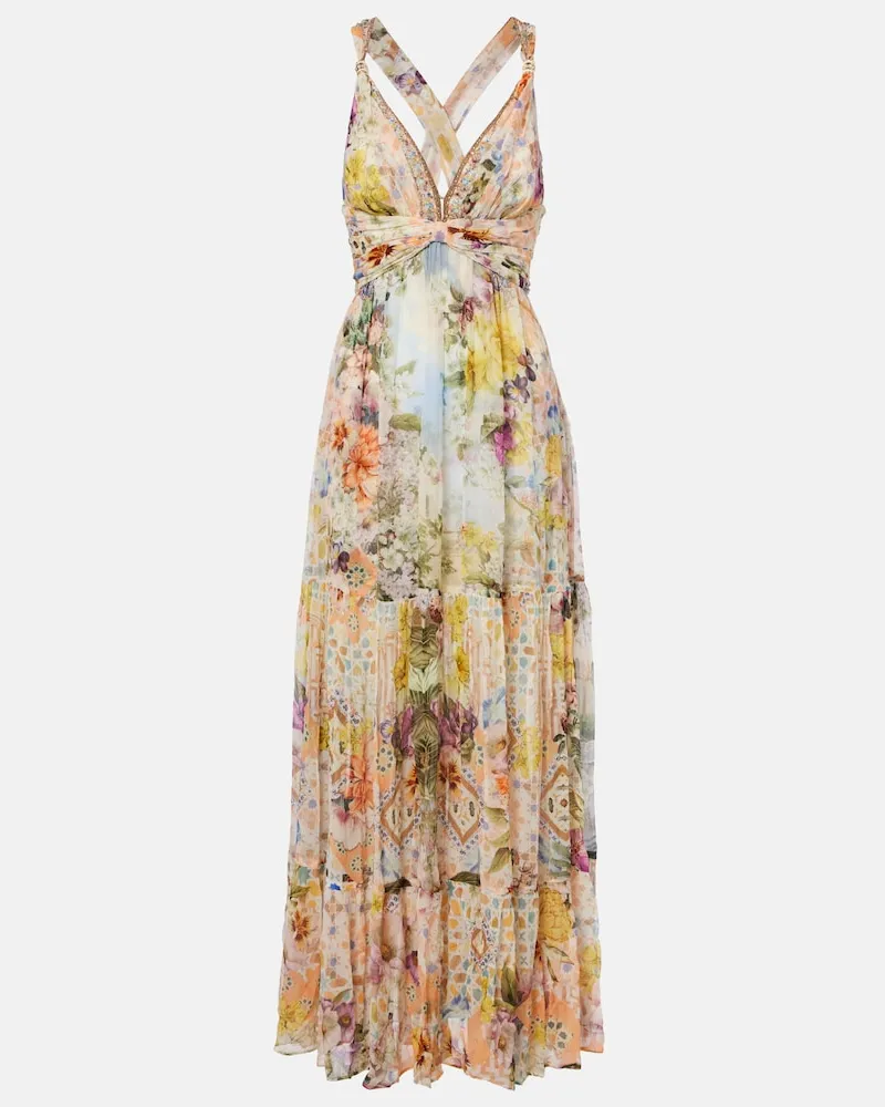 Camilla Verziertes Maxikleid aus Seide Multicolor