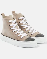 Brunello Cucinelli Verzierte High-Top Sneakers aus Veloursleder Beige