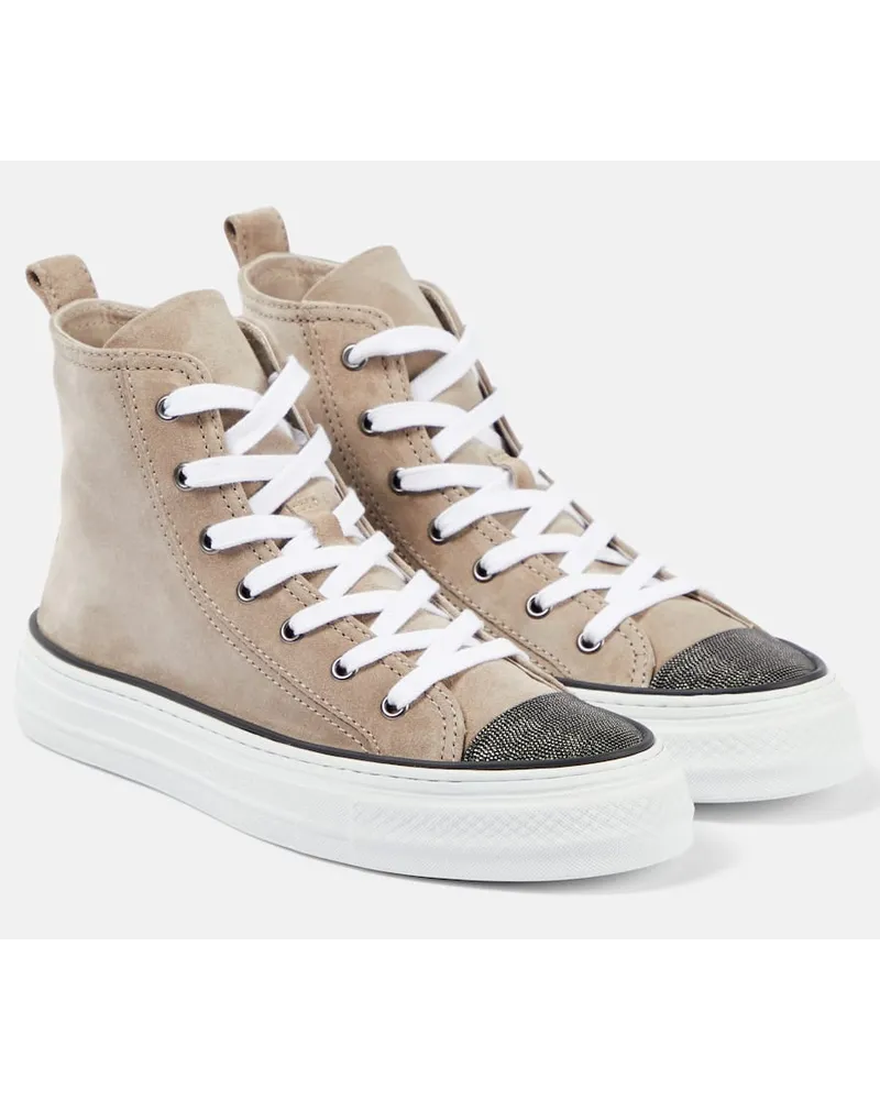 Brunello Cucinelli Verzierte High-Top Sneakers aus Veloursleder Beige