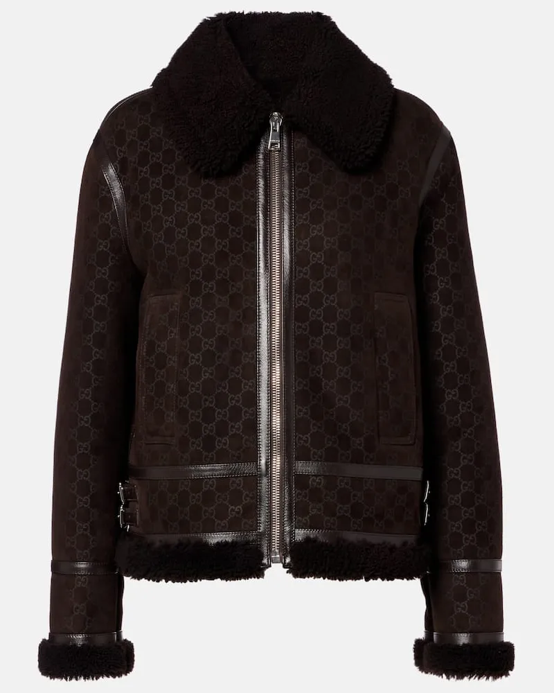 Gucci Lederjacke GG mit Shearling Braun