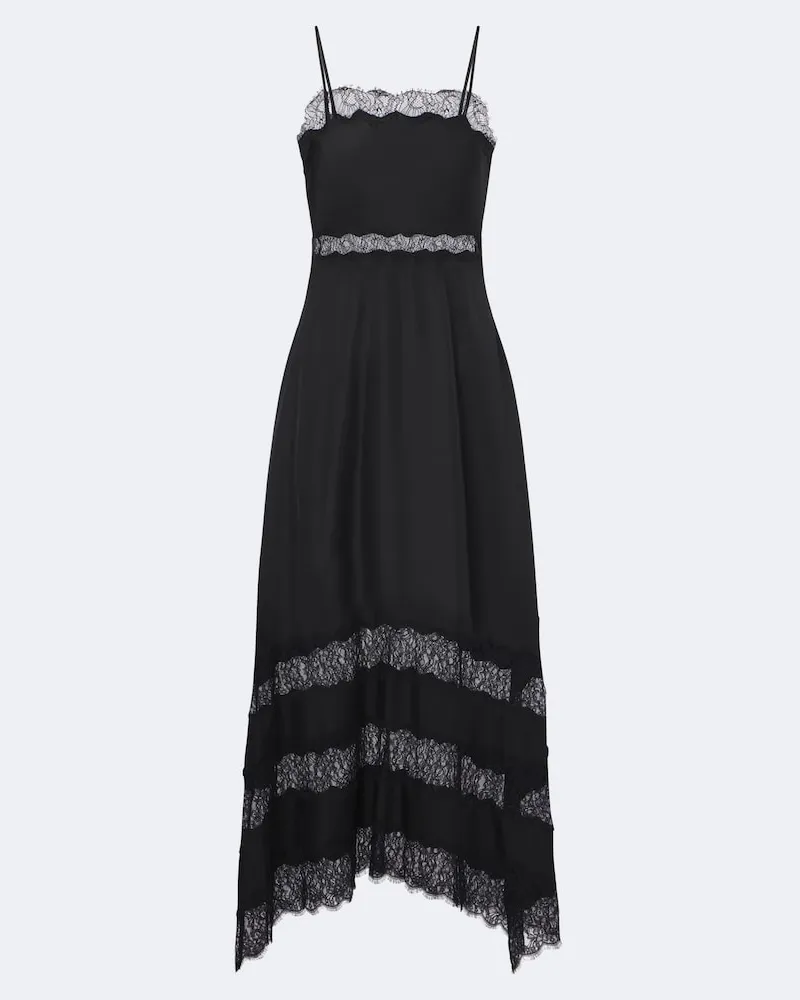 Ulla Johnson Midikleid Coco aus Seidentwill mit Spitze Schwarz