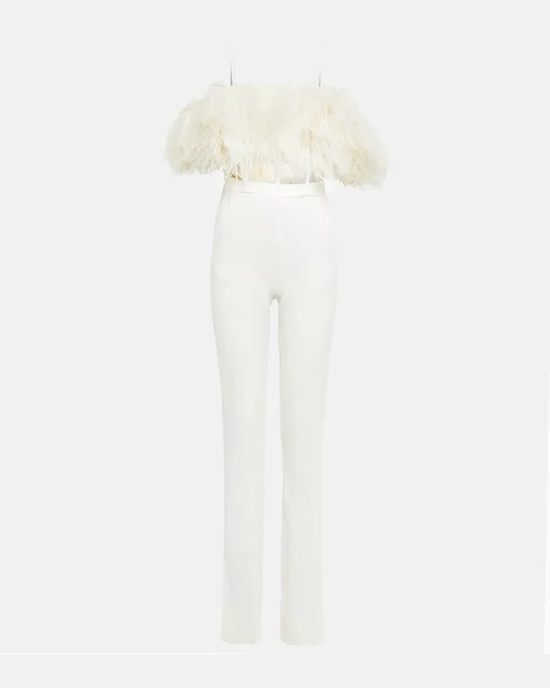 David Koma Jumpsuit aus Cady mit Federn Weiß