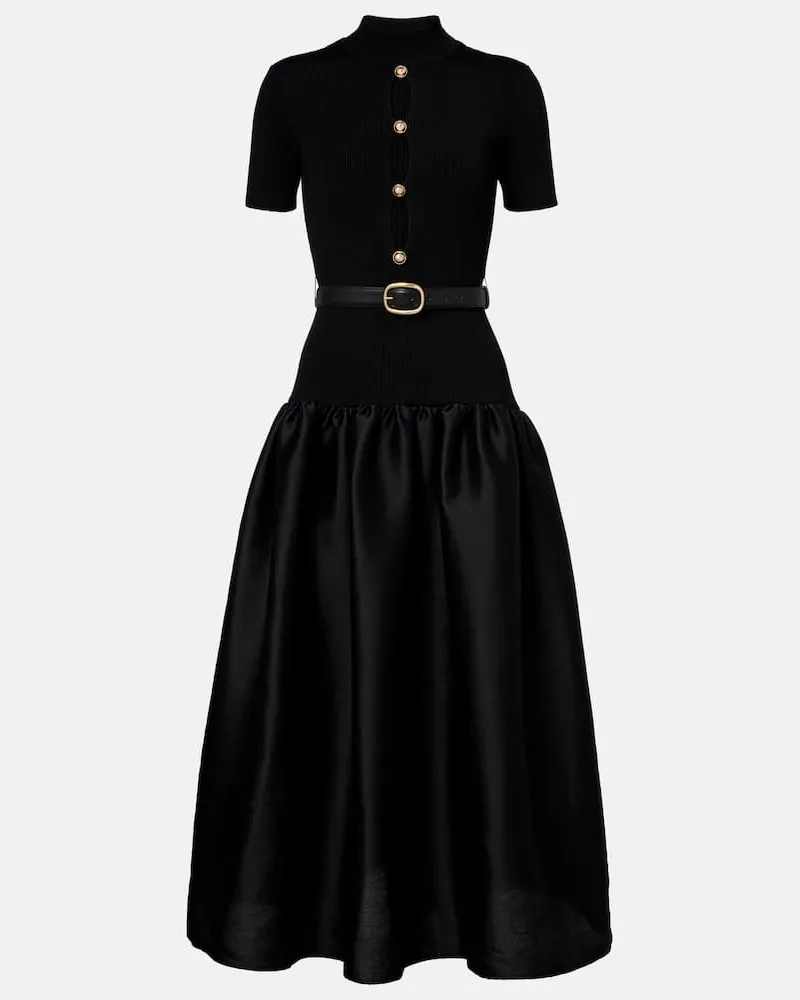 Self-Portrait Midikleid aus Strick und Taft Schwarz