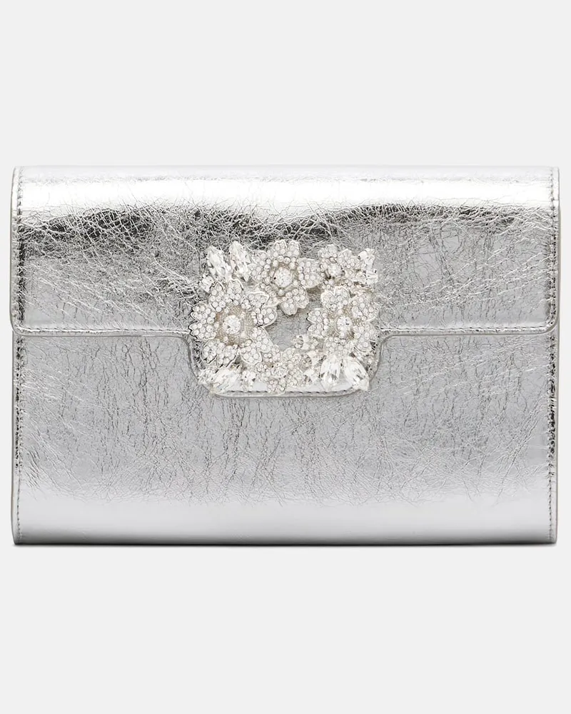 Roger Vivier Clutch Efflorescence Mini aus Metallic-Leder Silber