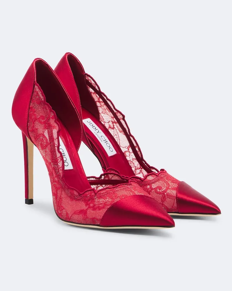 Jimmy Choo Pumps Brigitte aus Satin mit Spitze Rot