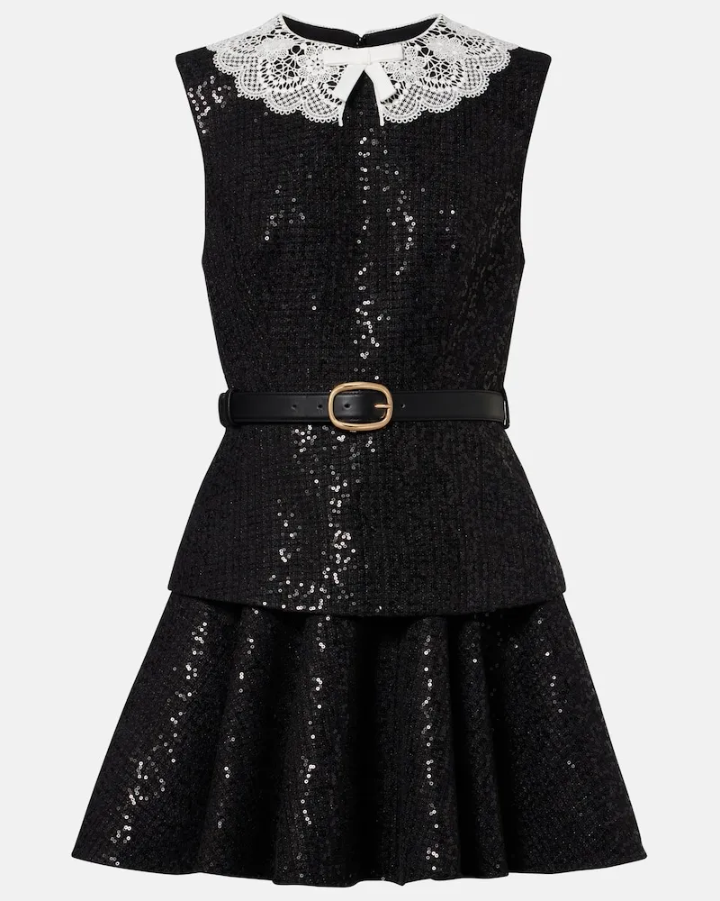 Self-Portrait Minikleid aus Bouclé mit Spitze und Pailletten Schwarz