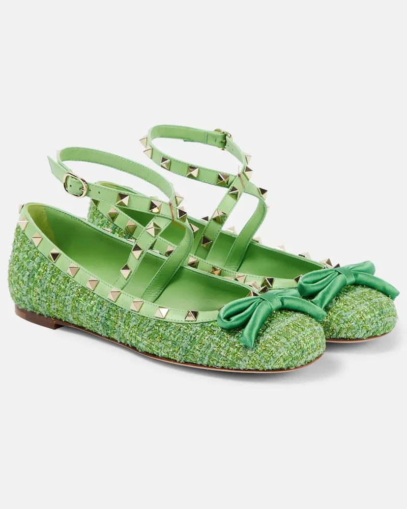 Valentino Garavani Ballerinas Rockstud aus Bouclé mit Leder Grün