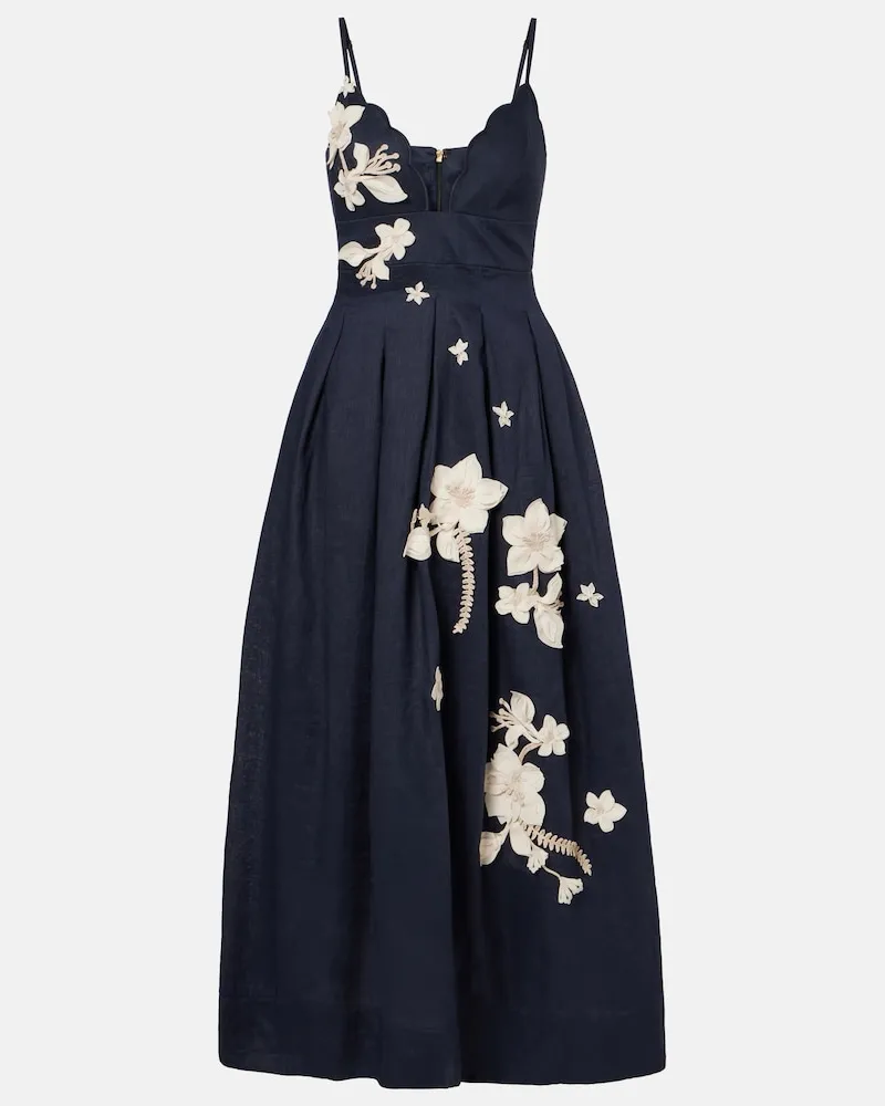 AGUA BENDITA Maxikleid Sula aus Leinen mit Blumenapplikationen Blau