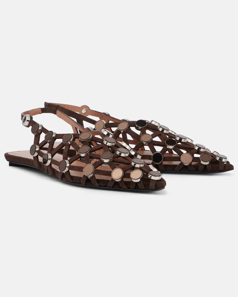 ATTICO Verzierte Slingback-Ballerinas Grid aus Veloursleder Braun