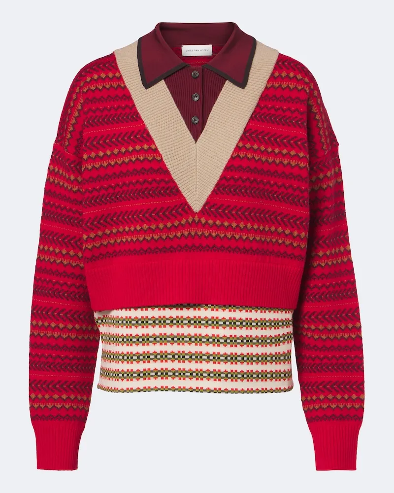 Dries van Noten Jacquard-Polopullover aus einem Wollgemisch Rot