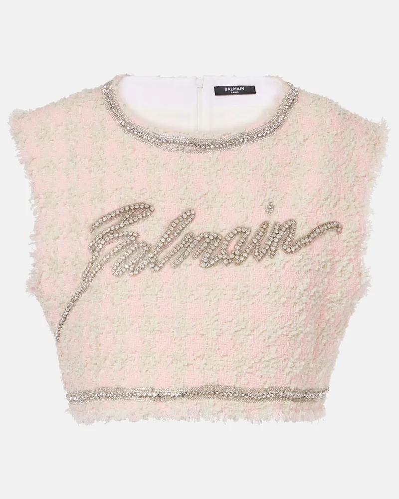 Balmain Cropped-Top aus Bouclé mit Kristallen Pink