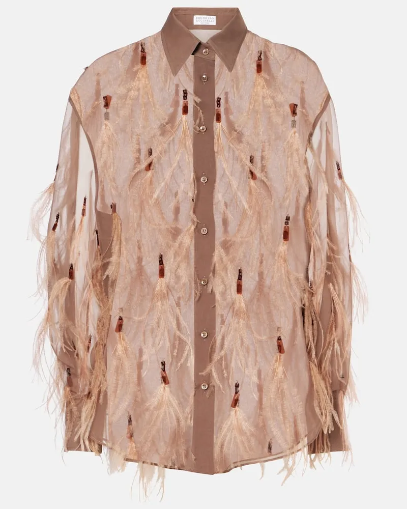 Brunello Cucinelli Hemd aus Seidenorganza mit Federn Braun