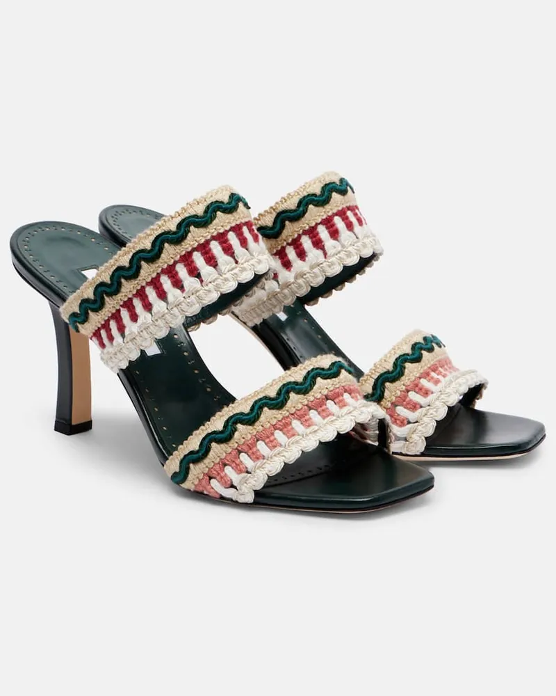 Manolo Blahnik Sandalen Mabeco 90 aus Häkelstrick und Leder Multicolor