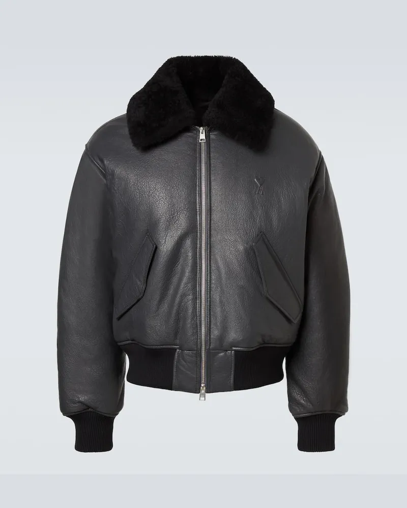 AMI Paris Bomberjacke aus Leder mit Shearling Schwarz