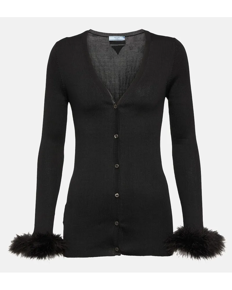 Prada Cardigan aus Seide mit Federn Schwarz