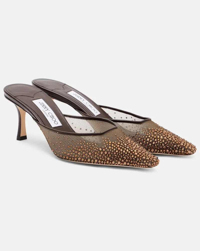 Jimmy Choo Mules Vivi 65 aus Mesh mit Kristallen Braun