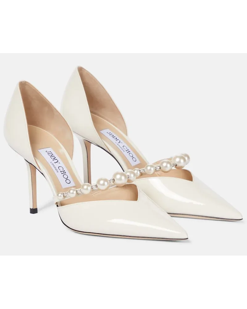 Jimmy Choo Verzierte Pumps Aurelie 85 aus Lackleder Weiss