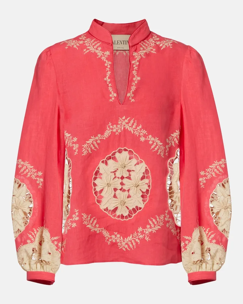 Valentino Garavani Bestickte Bluse aus Leinen Rosa