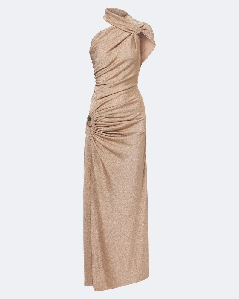 Christopher Esber Verzierte One-Shoulder-Robe aus Jersey und Lamé Gold