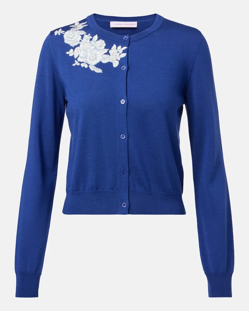 Carolina Herrera New York Bestickter Cardigan aus Seide und Baumwolle Blau