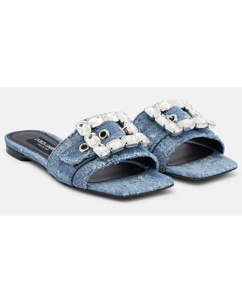 Dolce & Gabbana Pantoletten aus Denim mit Kristallen Blau