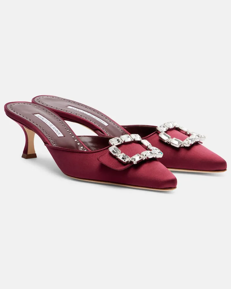Manolo Blahnik Mules Mayjou 50 aus Satin mit Kristallen Burgunderrot